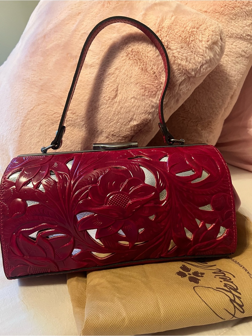 Red Floral Cutout Leather Top-Handle Bag